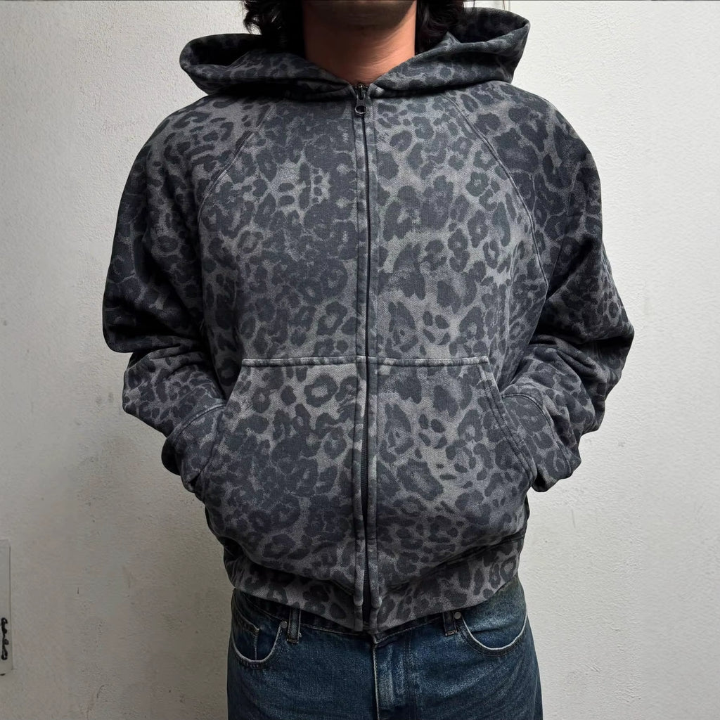 Y2K Rock Punk Women'S Leopard Print Hoodie Unisex Chic Loose Zip Cardigan Sweatshirt Gothic Harajuku Retro Aesthetic Streetwear