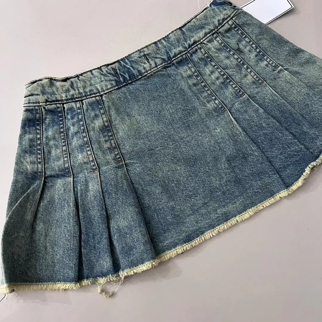 Harajuku Fashion New Y2K Skirt Retro Goth Raw Edge Plaid Pleated Skirt Sexy Girl High Waist Denim Mini Skirt Streetwear Skirts