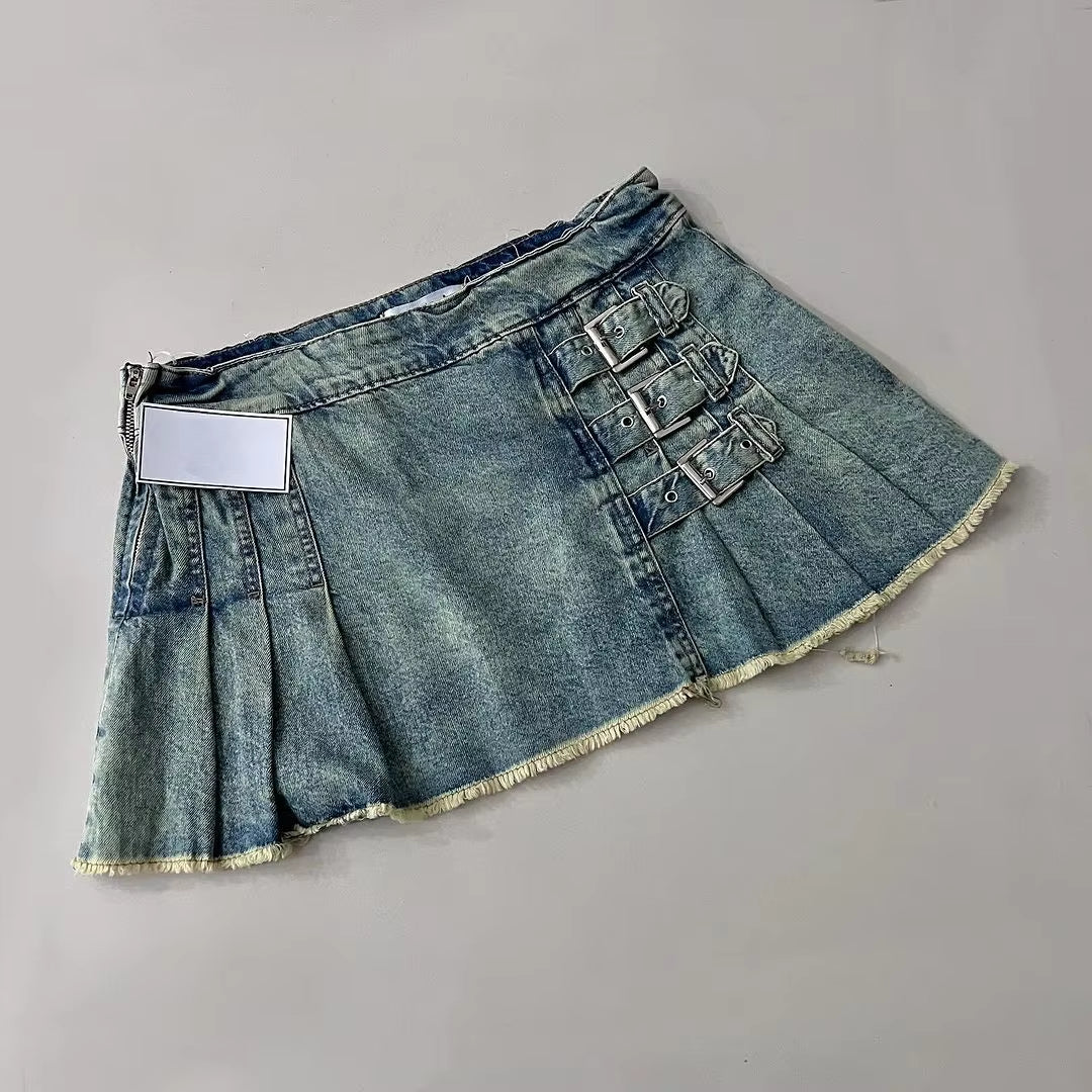 Harajuku Fashion New Y2K Skirt Retro Goth Raw Edge Plaid Pleated Skirt Sexy Girl High Waist Denim Mini Skirt Streetwear Skirts
