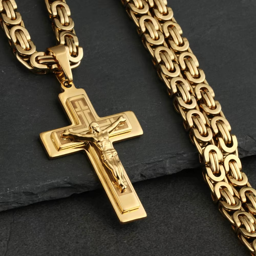 Men'S Stainless Steel Jesus Christ Holy Crucifix Cross Pendants Necklaces Orthodox Long Chain Necklaces Boys Jewelry