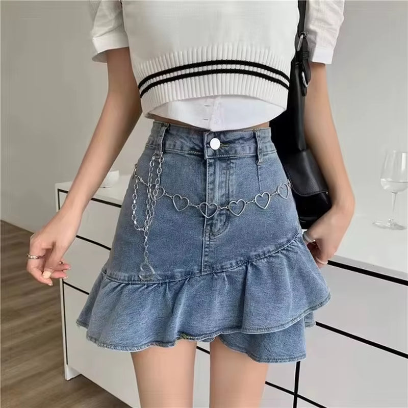 Harajuku Fashion New Y2K Skirt Retro Goth Raw Edge Plaid Pleated Skirt Sexy Girl High Waist Denim Mini Skirt Streetwear Skirts