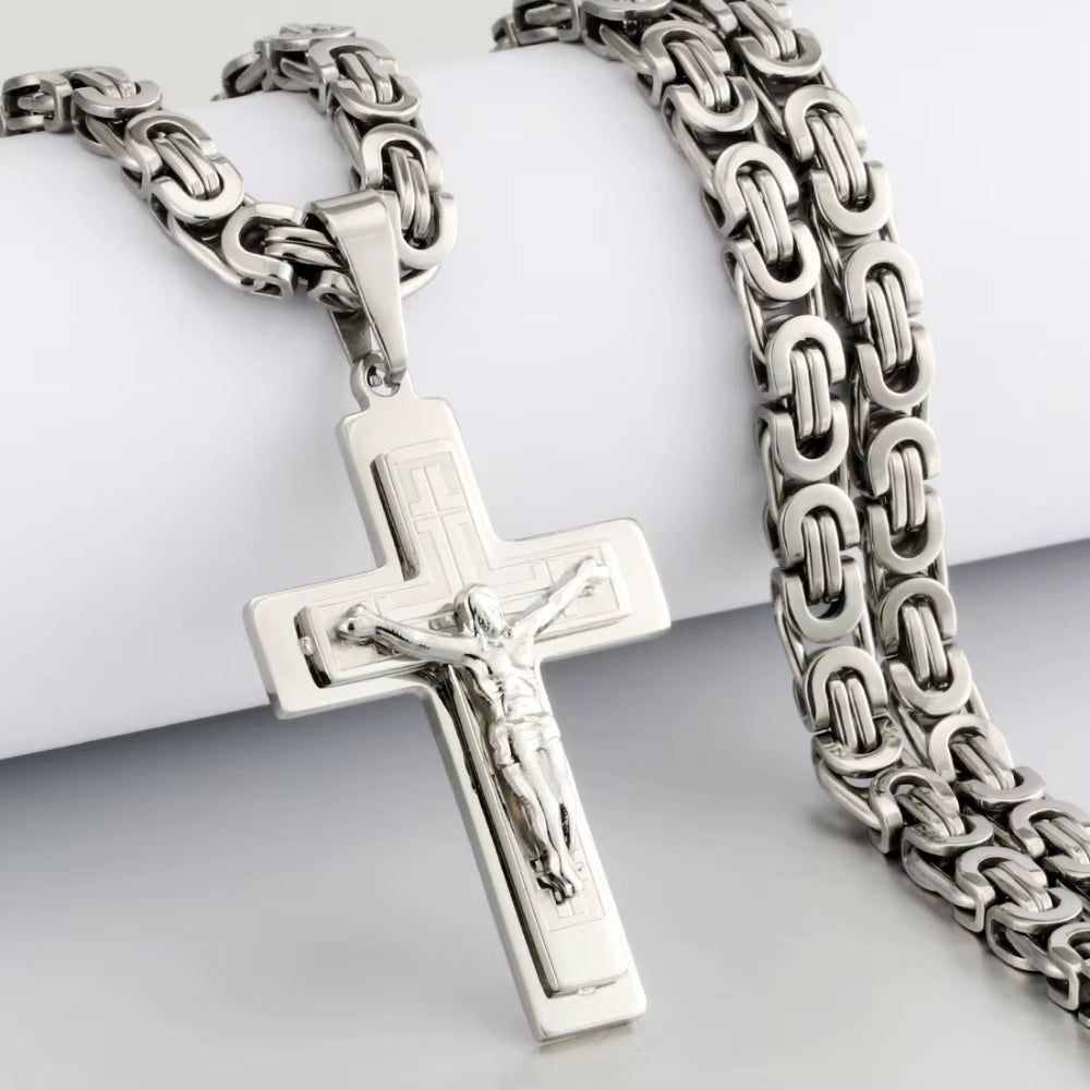 Men'S Stainless Steel Jesus Christ Holy Crucifix Cross Pendants Necklaces Orthodox Long Chain Necklaces Boys Jewelry