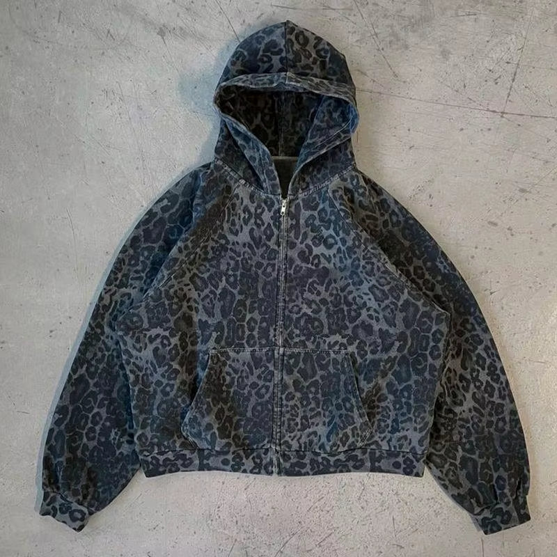 Y2K Rock Punk Women'S Leopard Print Hoodie Unisex Chic Loose Zip Cardigan Sweatshirt Gothic Harajuku Retro Aesthetic Streetwear