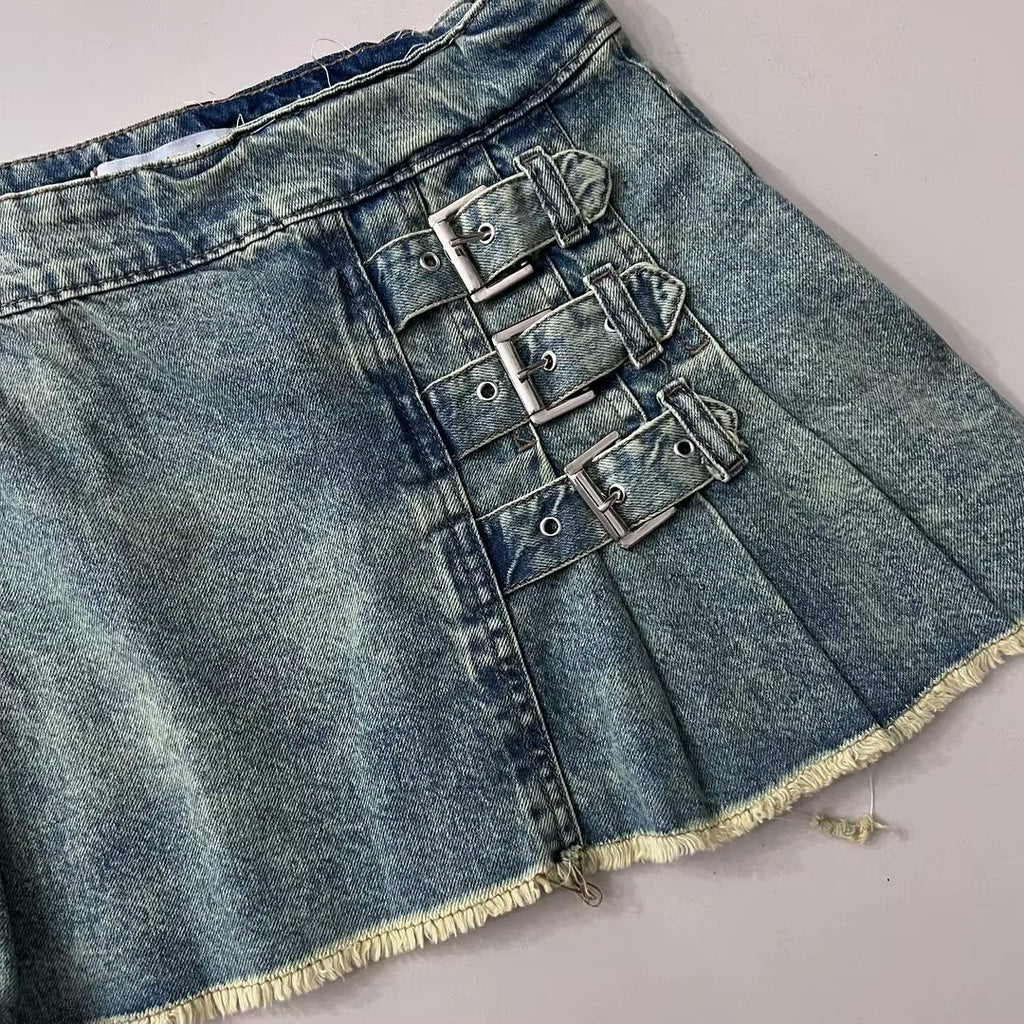 Harajuku Fashion New Y2K Skirt Retro Goth Raw Edge Plaid Pleated Skirt Sexy Girl High Waist Denim Mini Skirt Streetwear Skirts