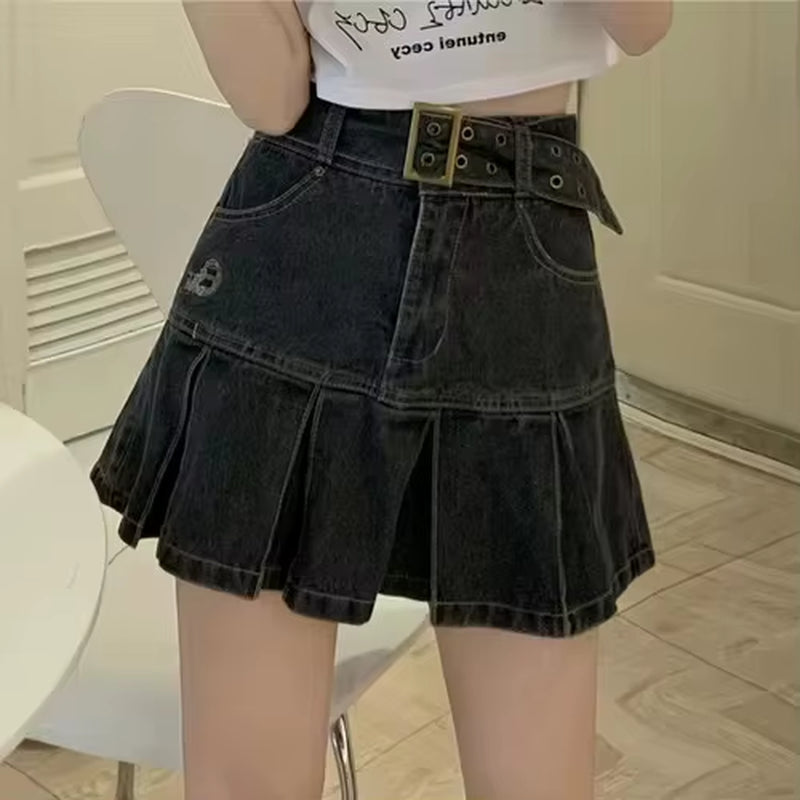 Harajuku Fashion New Y2K Skirt Retro Goth Raw Edge Plaid Pleated Skirt Sexy Girl High Waist Denim Mini Skirt Streetwear Skirts