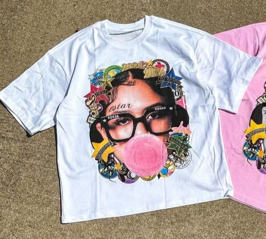 New Harajuku Couple Cartoon Pattern Graphic T Shirts Hip Hop Goth Oversized T Shirt Loose round Neck Short Sleeved Streetwear