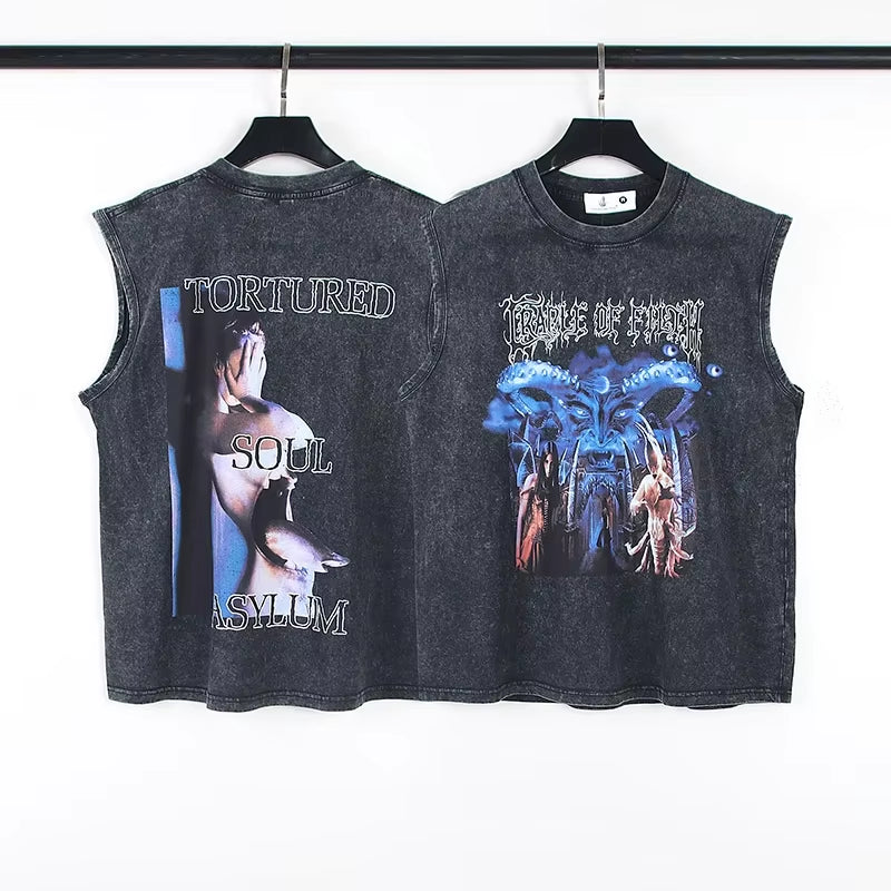 Yao Fashion Saint of Michael Streetwear Summer Cotton Graffiti High Streetwear Loose Casual Tank Tops for Men Clothing Tees