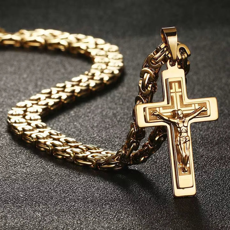 Men'S Stainless Steel Jesus Christ Holy Crucifix Cross Pendants Necklaces Orthodox Long Chain Necklaces Boys Jewelry