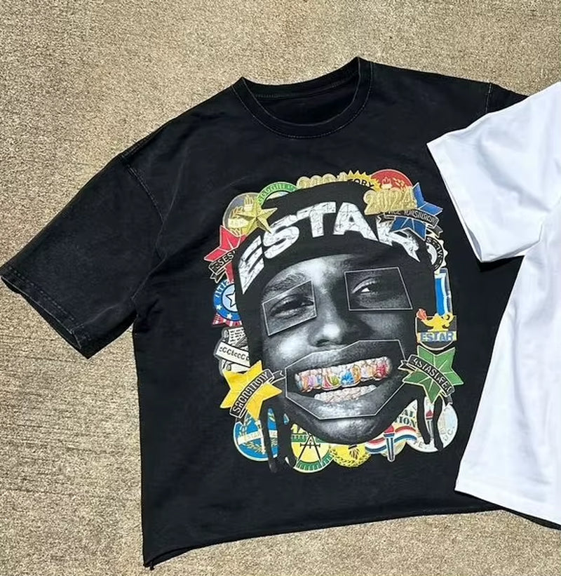 New Harajuku Couple Cartoon Pattern Graphic T Shirts Hip Hop Goth Oversized T Shirt Loose round Neck Short Sleeved Streetwear