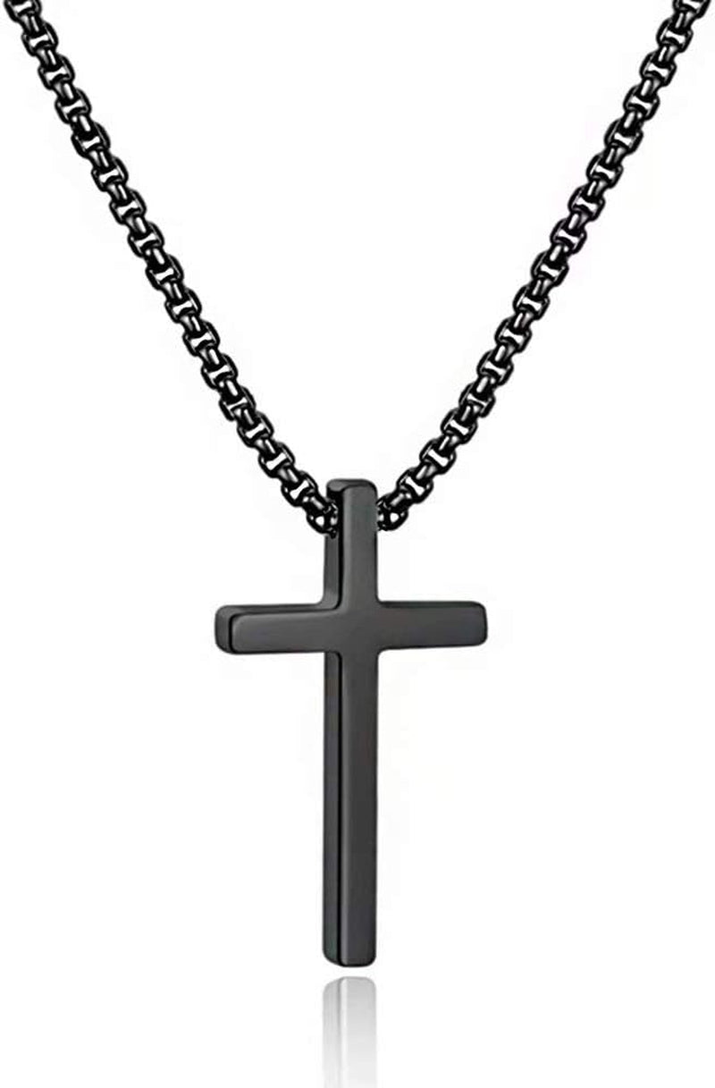 Cross Necklace for Men, Silver Black Gold Stainless Steel Plain Cross Pendant Necklace for Men Box Chain 16-30 Inch