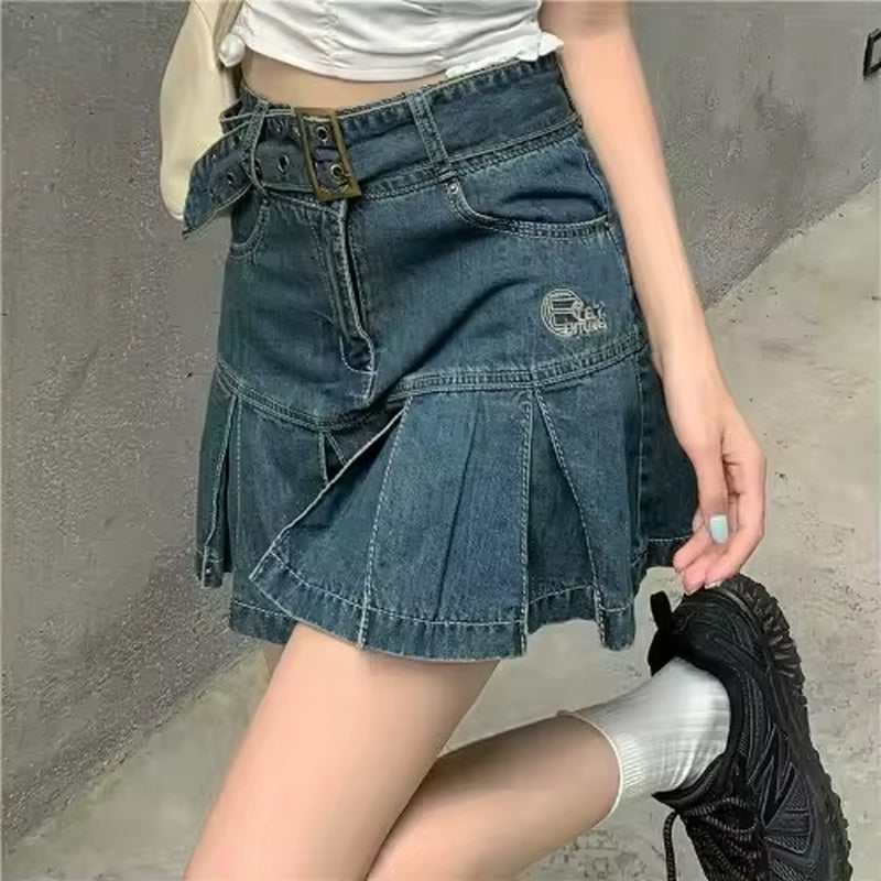 Harajuku Fashion New Y2K Skirt Retro Goth Raw Edge Plaid Pleated Skirt Sexy Girl High Waist Denim Mini Skirt Streetwear Skirts