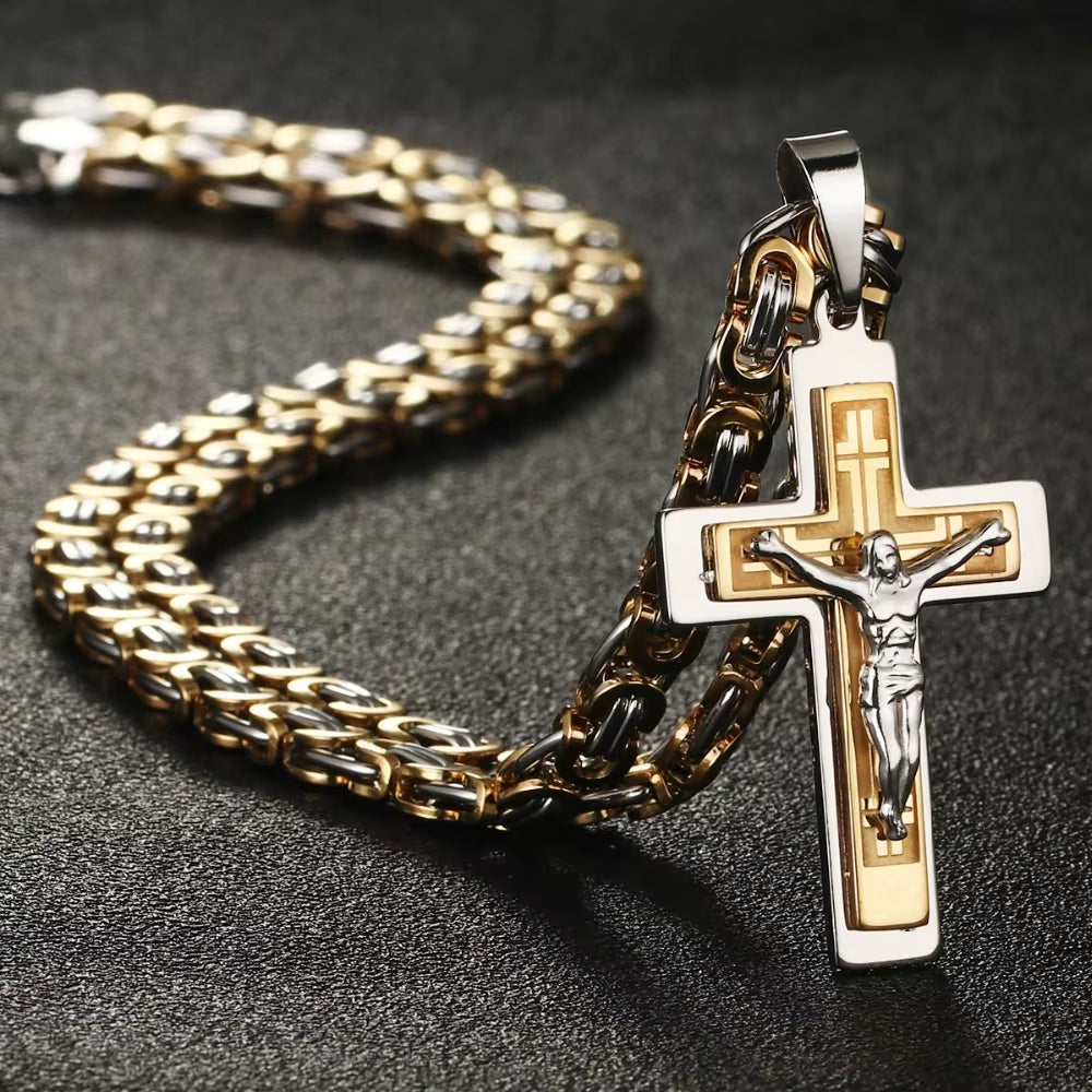 Men'S Stainless Steel Jesus Christ Holy Crucifix Cross Pendants Necklaces Orthodox Long Chain Necklaces Boys Jewelry